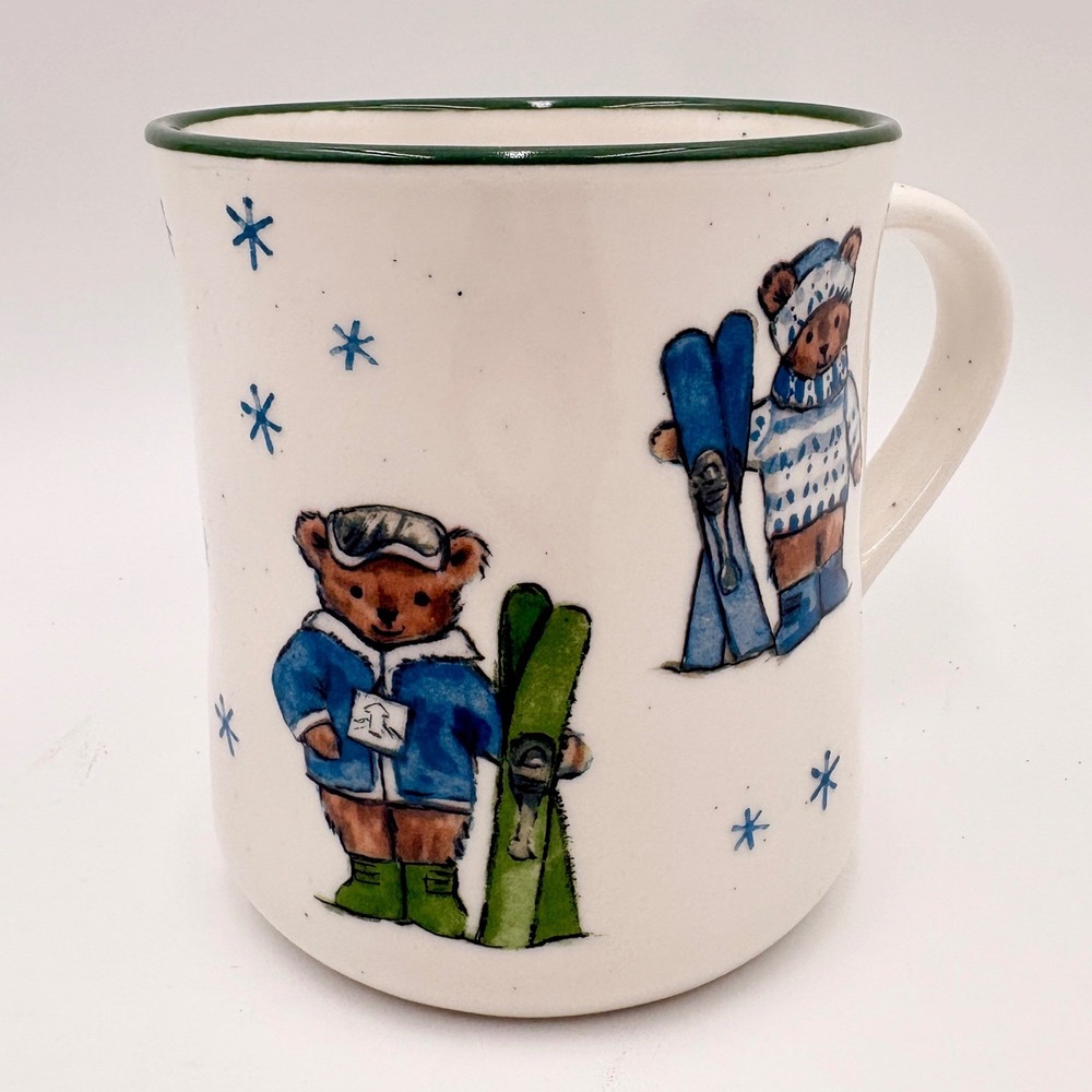 Peppermint & Pine Skiing Teddy Bears Winter Holiday Coffee Mug Cream Christmas